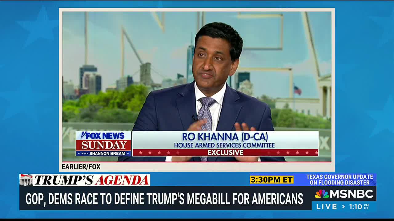 Ro Khanna, a Democratic Congressman from California, is speaking on a screen within the MSNBC broadcast. The segment is about Trump's agenda, and the lower third banner notes a Texas flooding disaster update.
