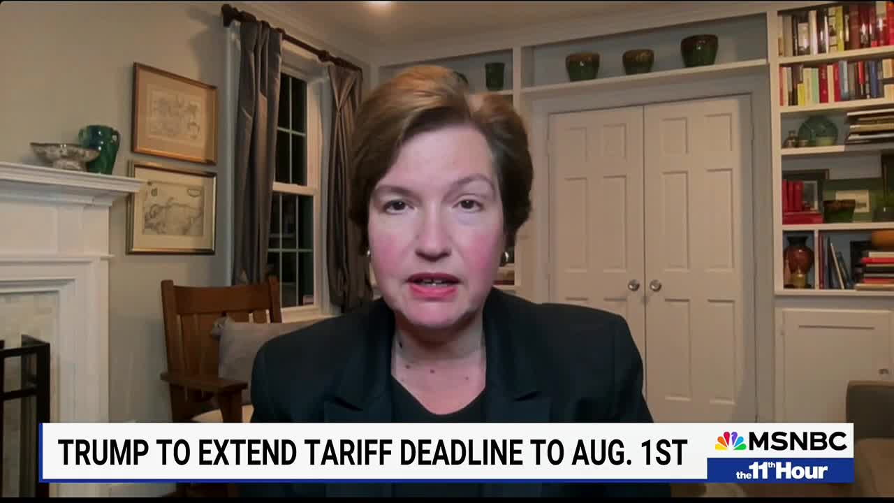A woman in a dark blazer is speaking directly to the camera, her face illuminated by studio lights. The MSNBC chyron at the bottom announces a tariff deadline extension from the United States.

