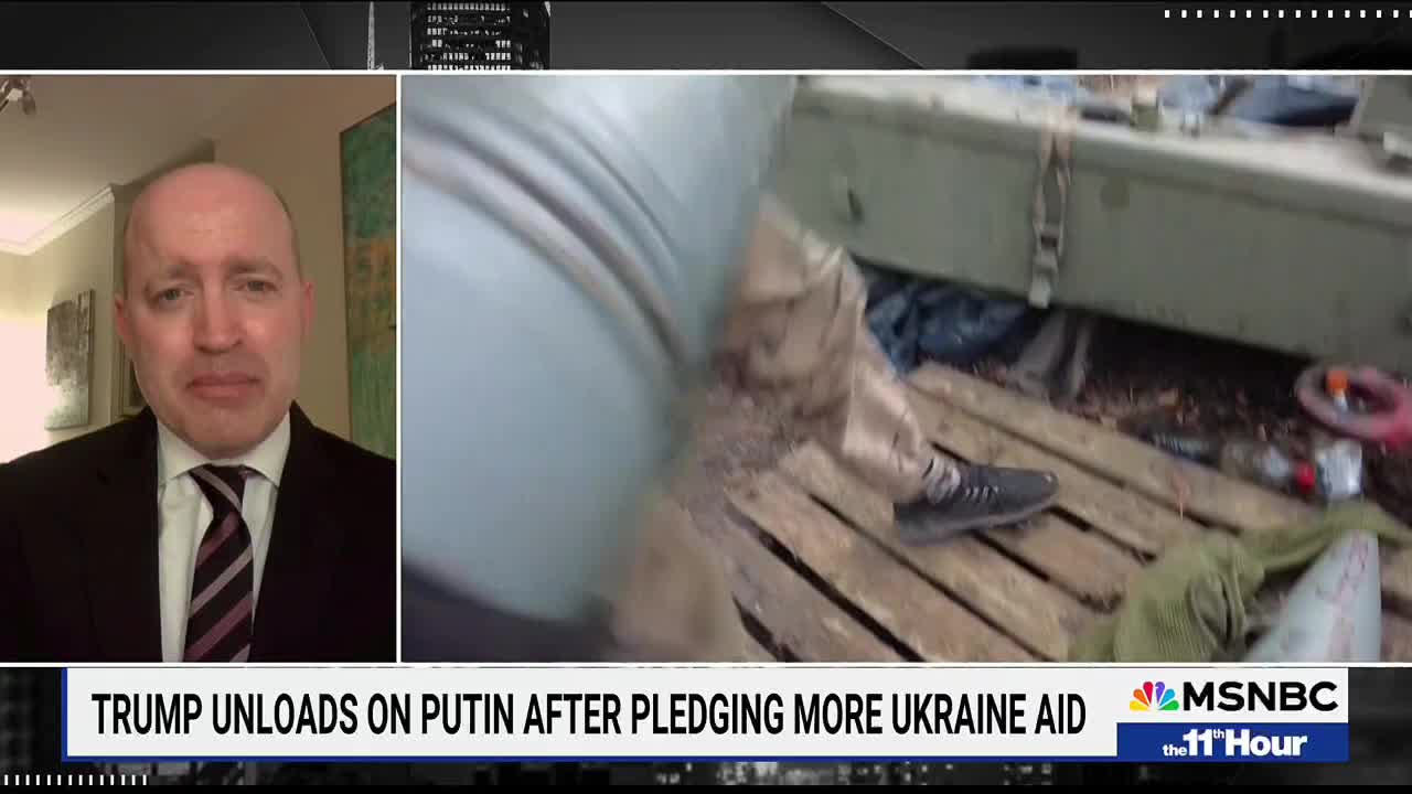 On MSNBC, a man in a suit is speaking, his expression somber. Simultaneously, a person is seen unloading something from a large, olive-green container.
