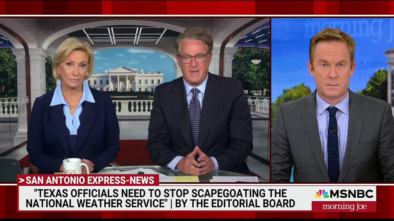 Three people in suits sit at a desk, each looking directly at the camera. The MSNBC "Morning Joe" segment is discussing a San Antonio Express-News editorial about Texas officials and the National Weather Service.
