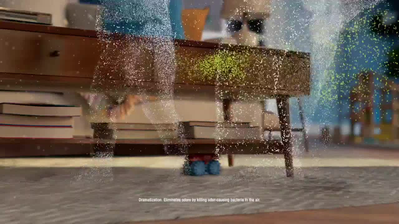 A cloud of shimmering particles appears to be emanating from a person's form. The particles are concentrated around a table and books, seemingly dissolving into the air.
