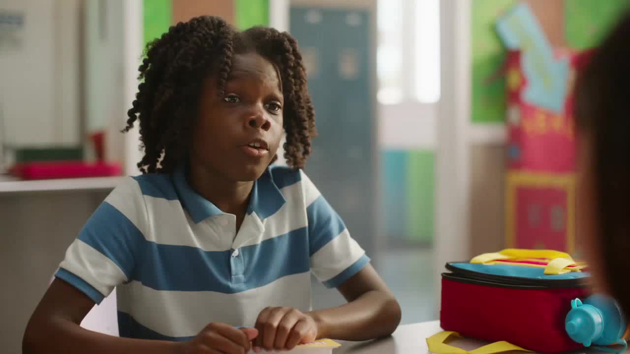 A young boy, wearing a blue and white striped shirt, is speaking animatedly, his dark hair styled in two twists. A colorful lunchbox sits on the table in front of him.

