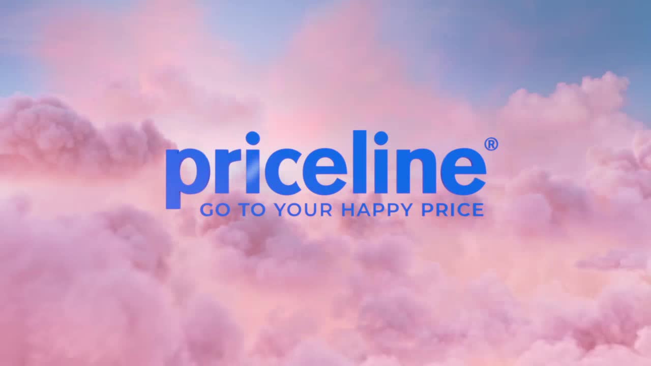 The word "priceline" in bright blue floats above a dreamy, pink-hued sky. Below, the tagline "GO TO YOUR HAPPY PRICE" appears in the same color.
