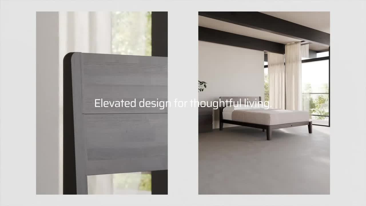 A bed frame, with a headboard that's partially visible, is showcased against a neutral background. The scene is divided, with the right side revealing the entire bed in a modern, minimalist bedroom.
