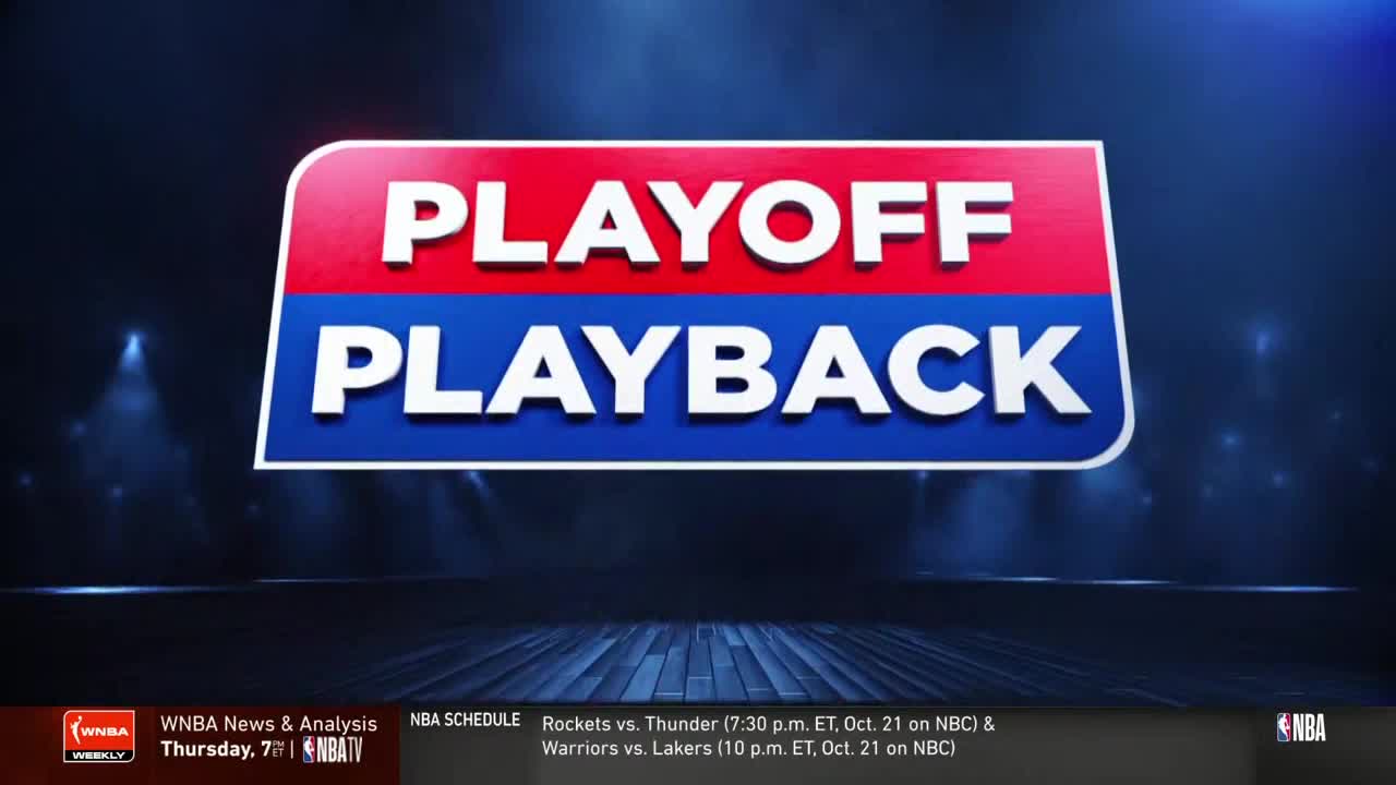 "Playoff Playback" is displayed in large white letters on a red and blue background. Below, the NBA schedule and WNBA news are listed on the bottom of the screen.
