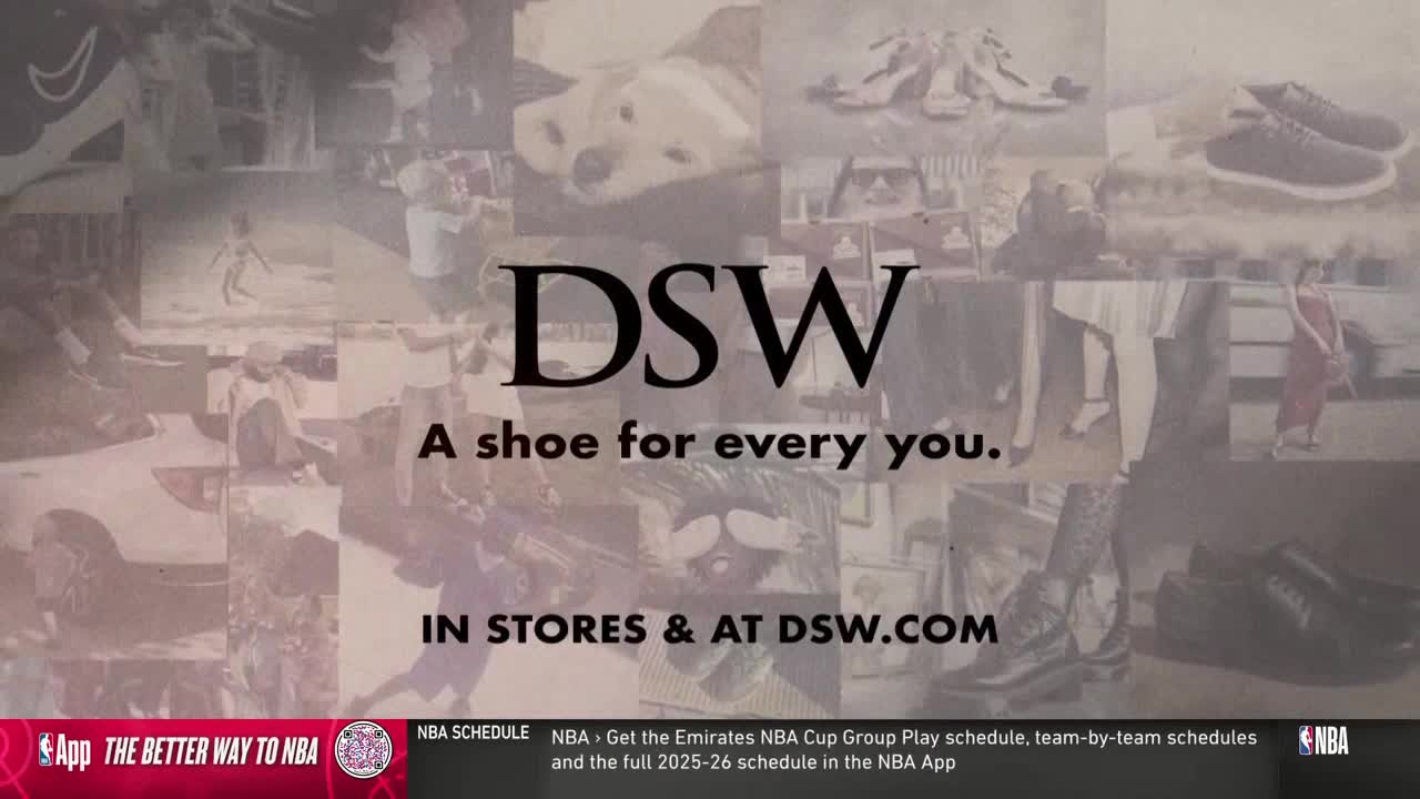 A DSW advertisement is on the screen, featuring a collage of shoes and people. The NBA TV logo is in the corner, along with a schedule reminder.
