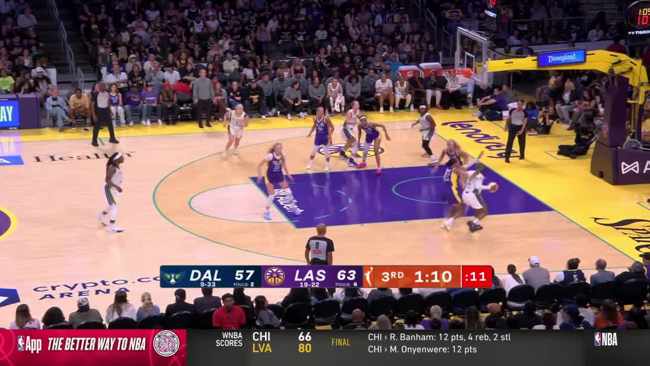 A player in a white uniform dribbles the ball toward the basket, guarded by a player in purple. The clock shows just over a minute left in the third quarter of this WNBA game on NBA TV.
