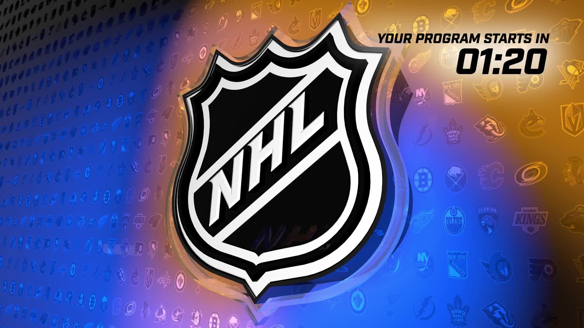 The NHL logo commands the center of the screen, its sharp edges catching the light. A digital clock counts down the final 1:20 before the program begins, set against a backdrop of faint team logos.