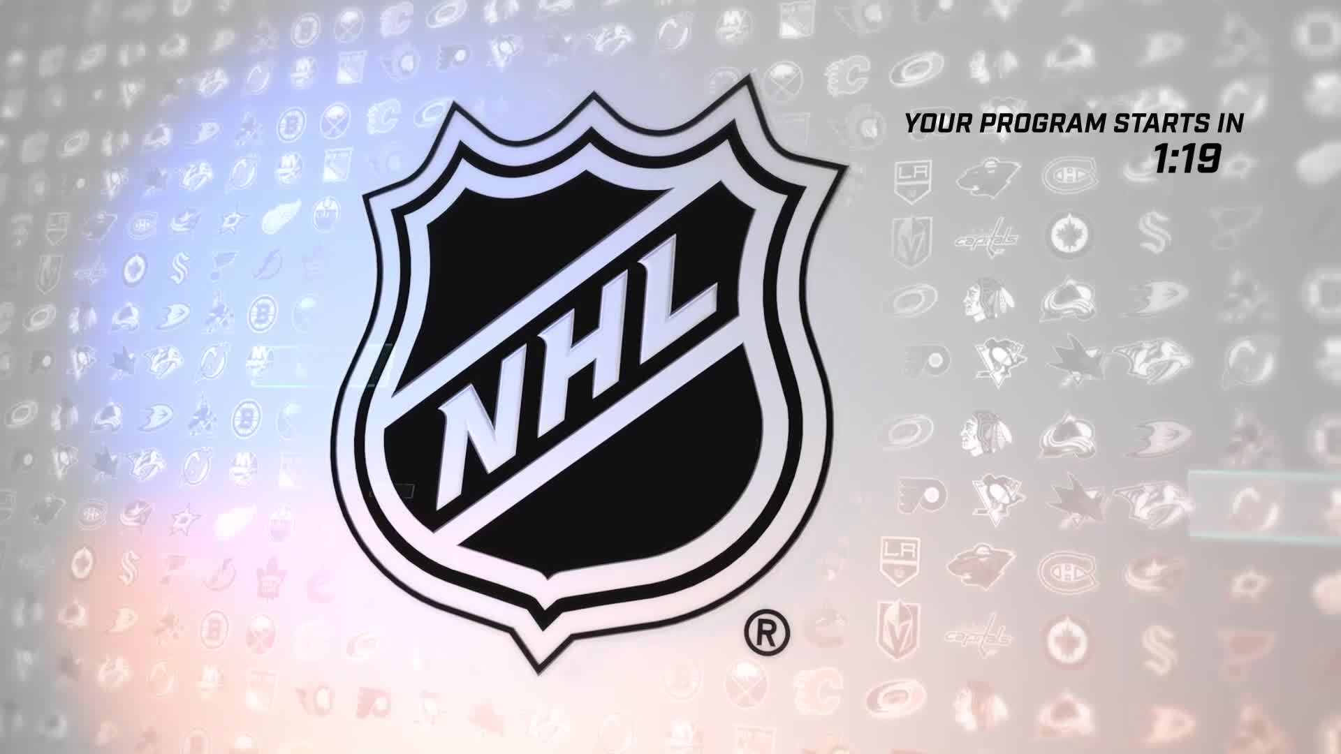 The NHL logo dominates the screen, a stark black and white against a shimmering backdrop of faint team emblems. A digital clock in the upper right corner counts down the final 1:19 before the program begins.