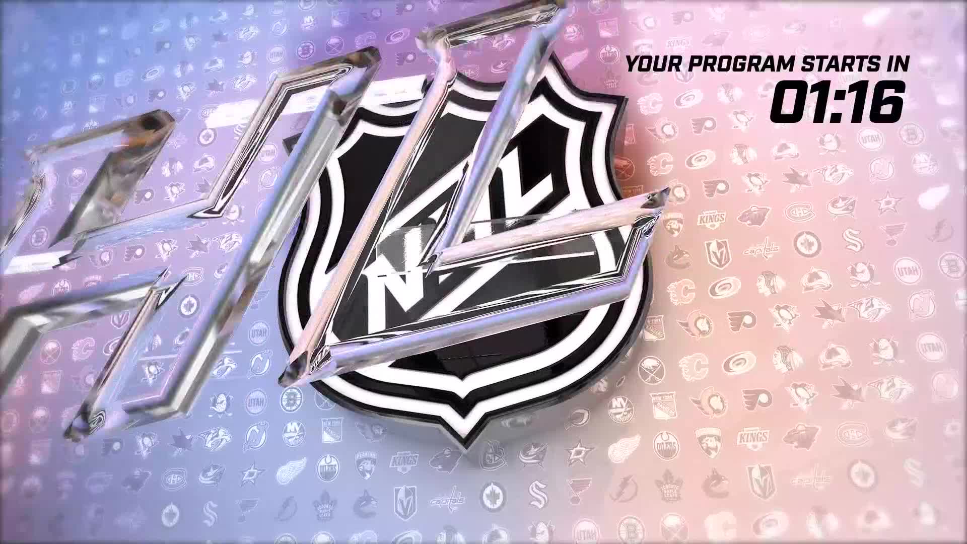 The NHL logo gleams, its chrome edges catching the light. A countdown timer shows 01:16 until the program begins.