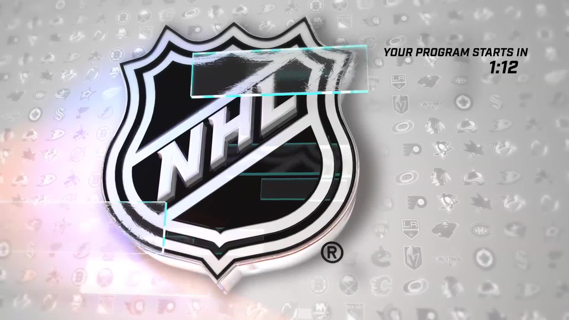 The NHL logo hovers center screen, its metallic sheen catching the light. A countdown timer in the corner of the NHL Network broadcast shows the program starting in 1:12.