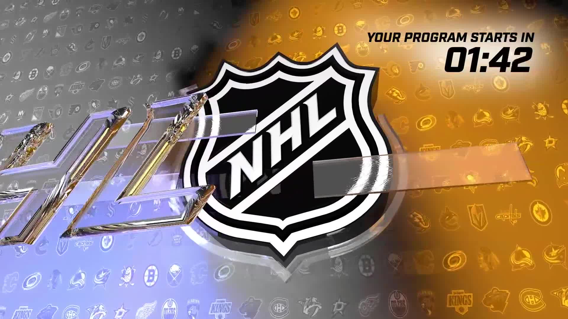 The NHL Network logo stands prominently, with a countdown timer ticking down to 01:42. Behind it, a montage of team logos from across the United States fills the background.