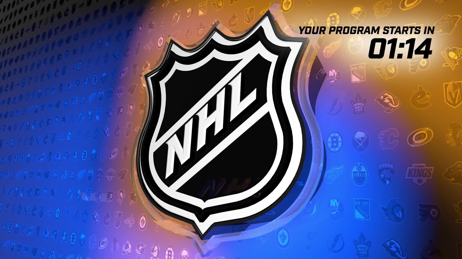 The NHL logo dominates the center, a stark black and white shield against a swirling blue and orange background. A digital clock in the upper right corner counts down the final minute and fourteen seconds until the program begins.