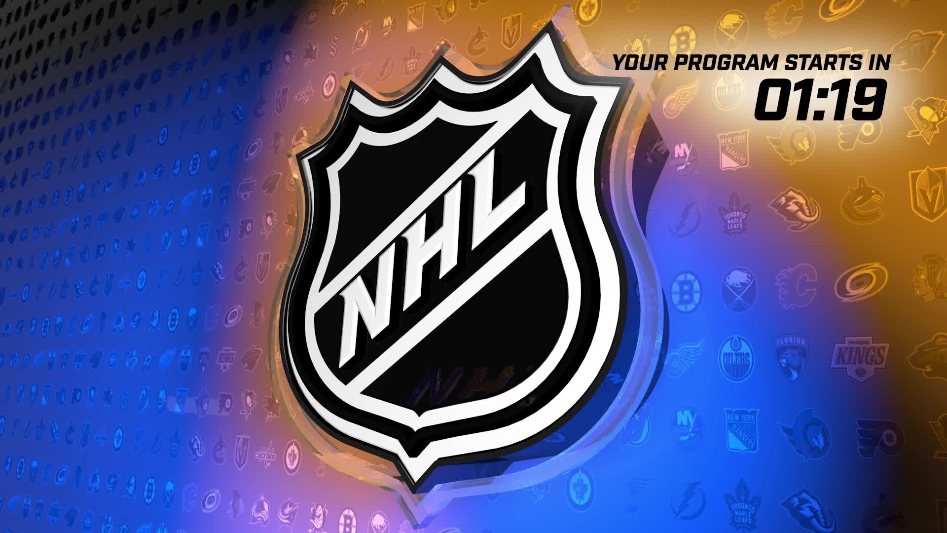 The NHL Network logo dominates the screen, shimmering with a metallic sheen. A countdown timer shows 01:19 until the program begins, set against a backdrop of faint NHL team logos.