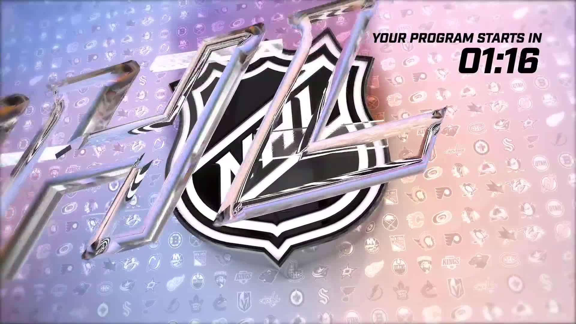 The NHL Network logo spins with a countdown clock showing 01:16. The background is a mosaic of team logos, hinting at an upcoming game.