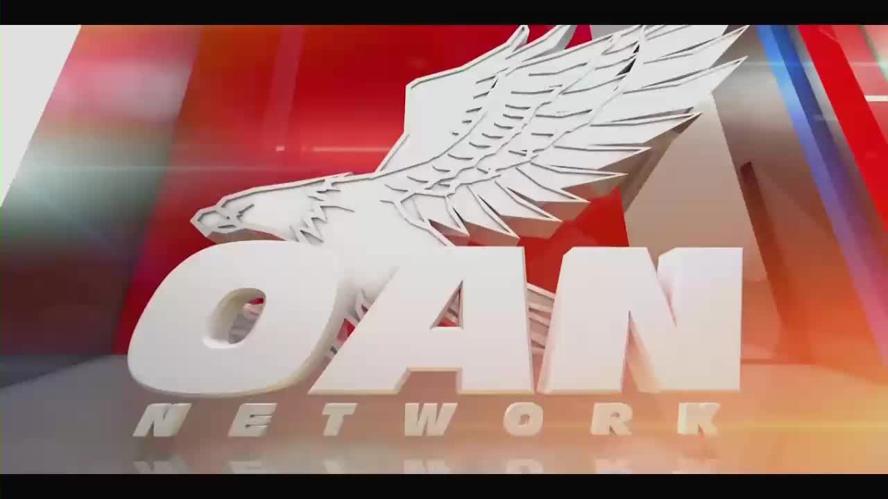 The OAN Network logo, featuring a white eagle in flight, spins into view. Red and white stripes flash behind the bold, three-dimensional letters.