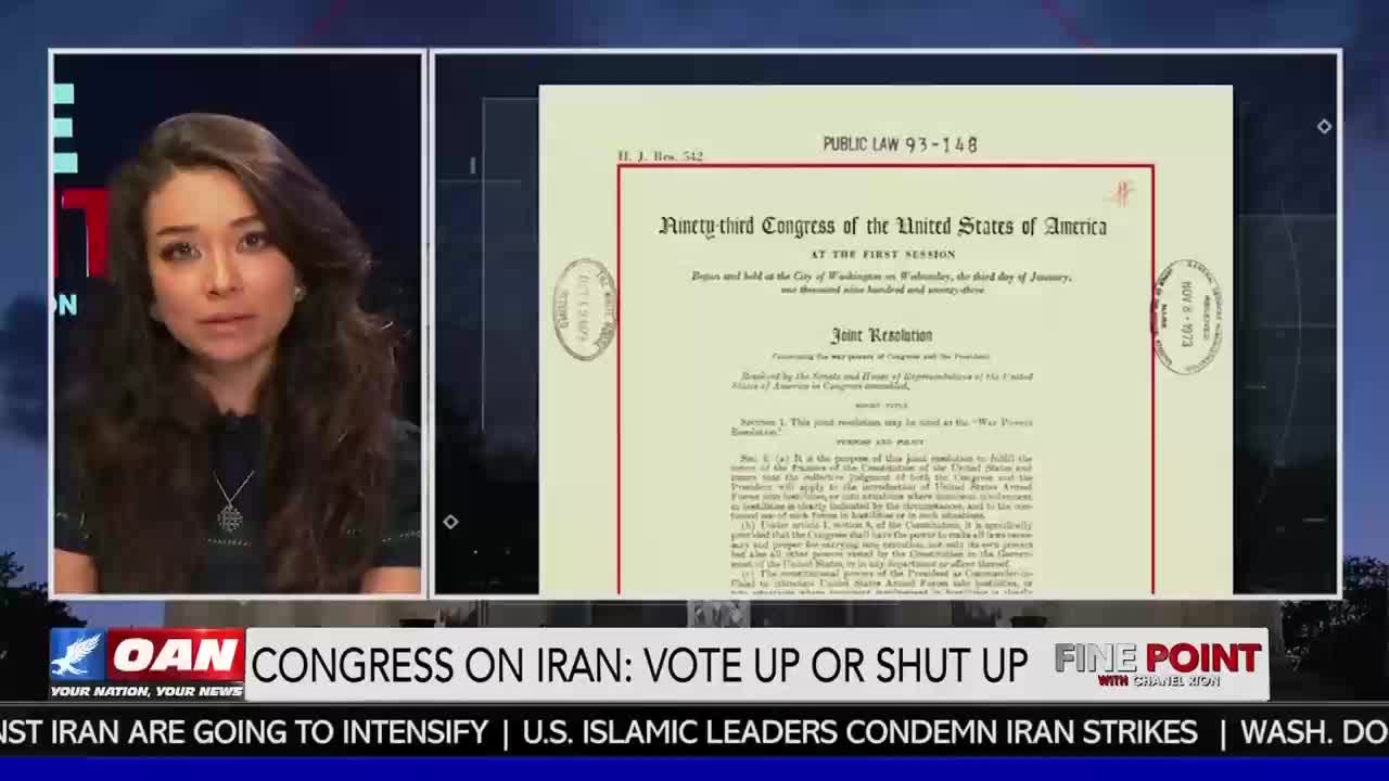 A woman speaks on a screen, while next to her, a document from the Ninety-third Congress of the United States is displayed. A banner below reads "OAN CONGRESS ON IRAN: VOTE UP OR SHUT UP."