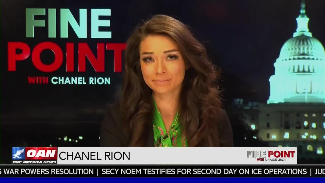 Chanel Rion is on screen, with the "Fine Point" logo behind her and the Capitol building in the background. A ticker at the bottom of the screen shows news headlines from One America News Network.
