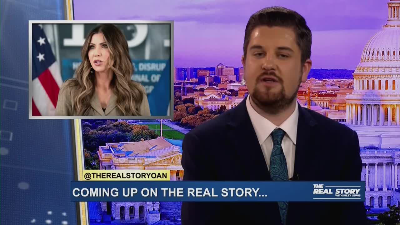 A woman speaks in front of an American flag, her image appearing on a screen. A man in a suit stands with a cityscape behind him, introducing a segment on One America News Network.