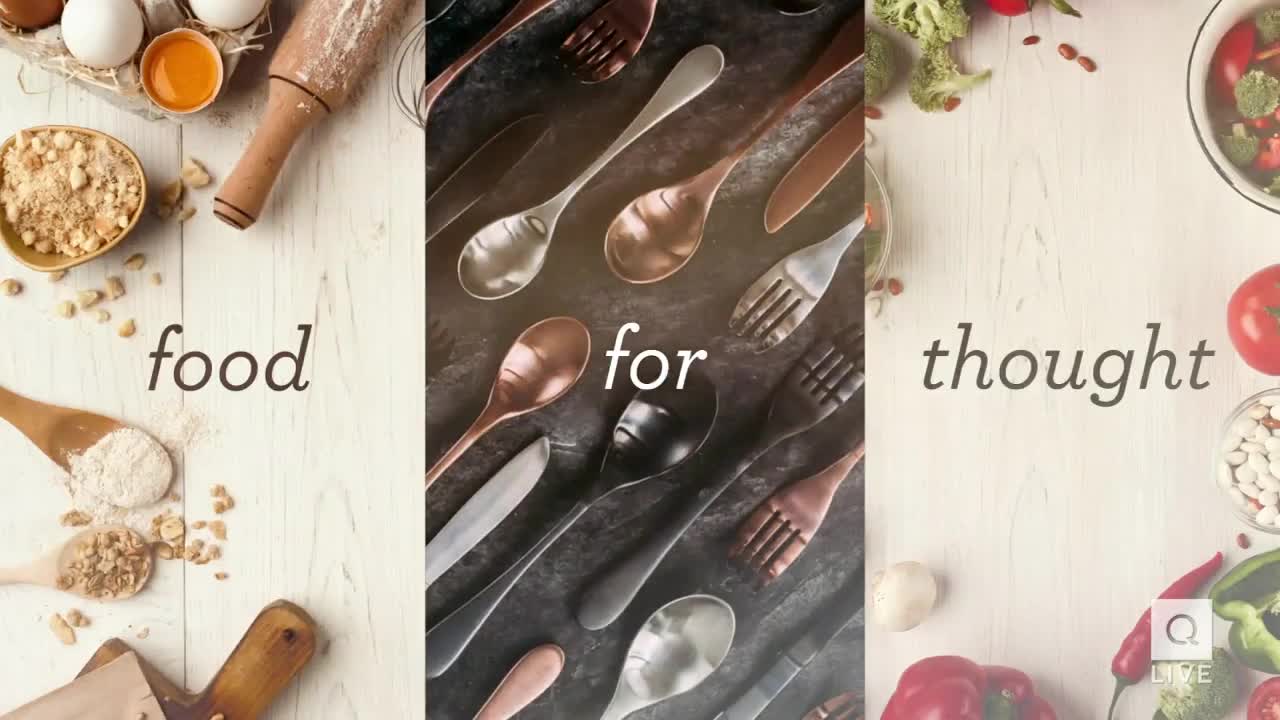 A collection of spoons and forks are arranged on a dark surface, with the word "for" superimposed in the center. To the left, ingredients like eggs and flour sit on a light wooden surface next to the word "food." On the right, fresh vegetables and beans are scattered around the word "thought."