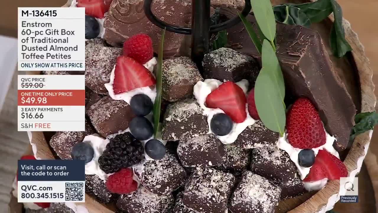 A tiered stand overflows with Enstrom toffee petites, each topped with a dollop of cream and fresh berries. A QVC graphic displays the item number and pricing for this sweet treat.