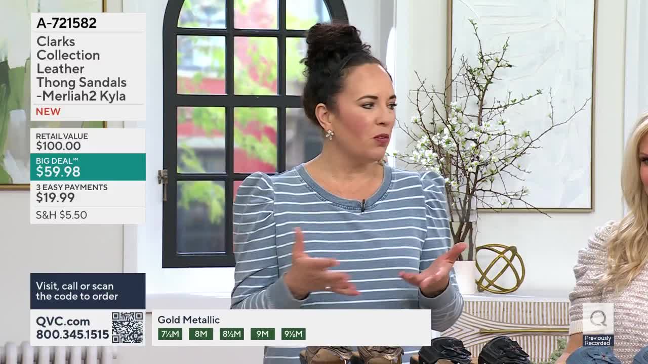 A woman in a striped shirt gestures with her hands while speaking. On the left, a screen displays product details for Clarks leather thong sandals.