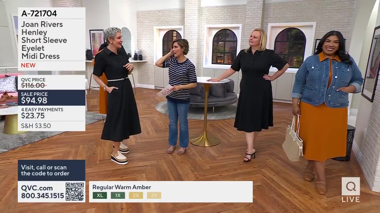 A woman in a black dress stands with her hands on her hips, while another woman in a striped shirt and jeans gestures animatedly. A third woman in a black dress poses with a hand on her hip, and a fourth woman in an orange dress and denim jacket holds a tote bag.