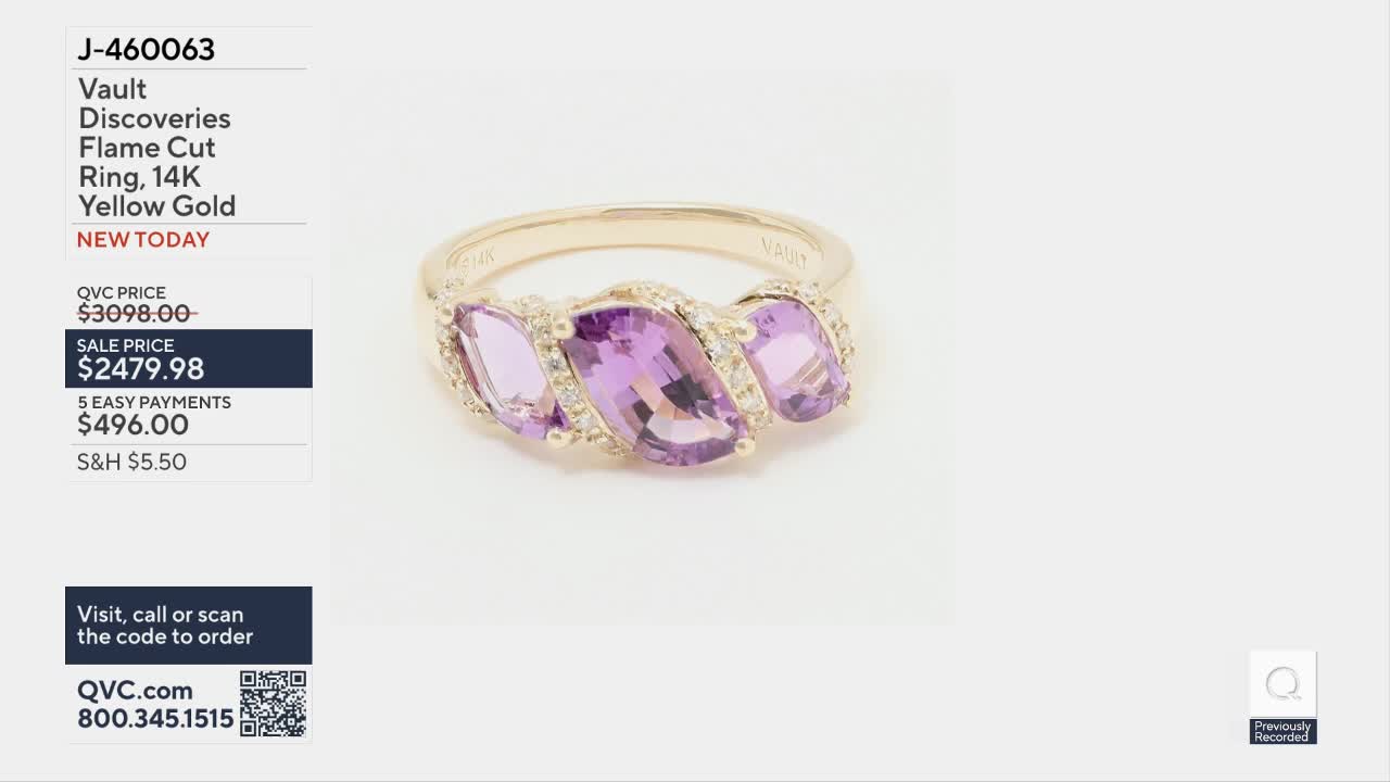 A ring with three large, oval-cut purple stones, each flanked by smaller diamonds, sits on a white surface. The gold band curves around the stones, creating a flowing design.