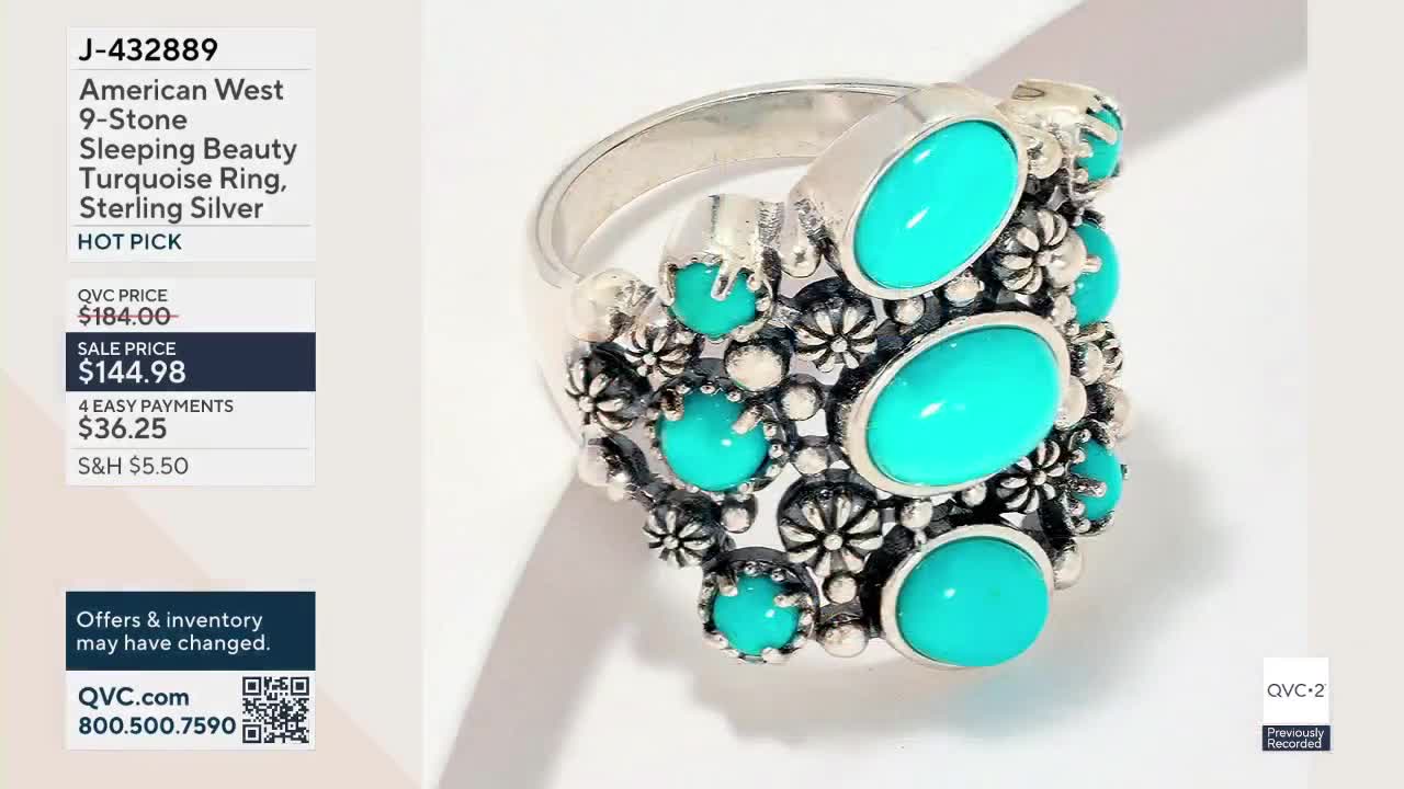 The American West ring, with its cluster of bright turquoise stones, is presented against a white background. This QVC2 item, a "9-Stone Sleeping Beauty Turquoise Ring," is currently on sale for $144.98.