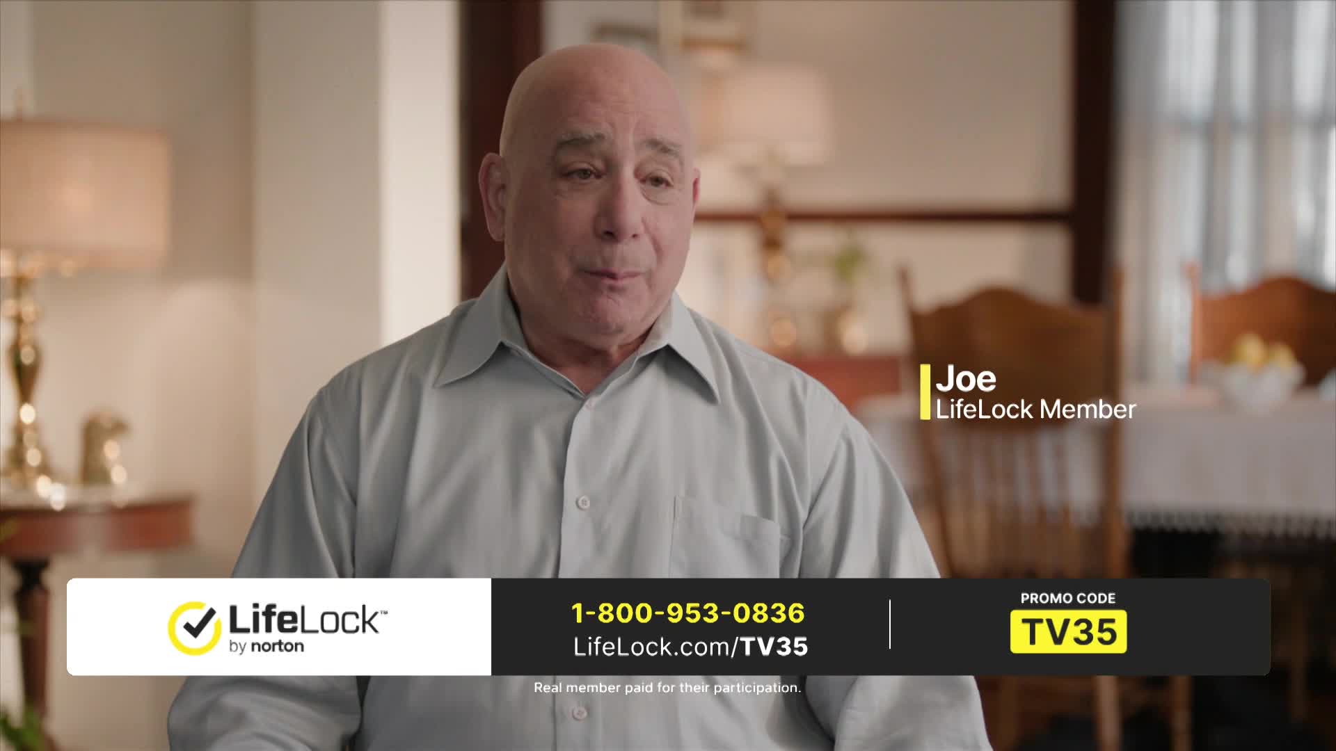 A man named Joe, a LifeLock member, speaks directly to the camera. A graphic displays a phone number and website for LifeLock.