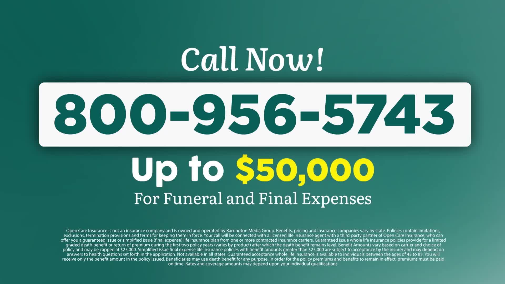 A phone number, 800-956-5743, is displayed prominently. Below it, text advertises up to $50,000 for funeral and final expenses.