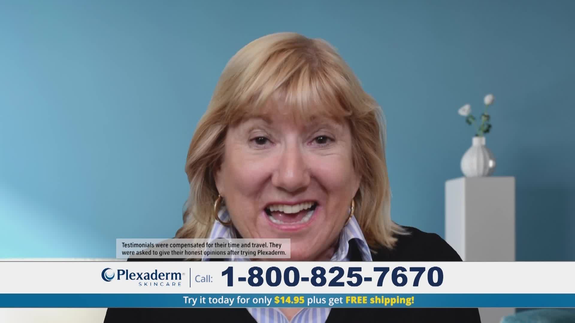 A woman with blonde hair and a wide smile speaks directly to the camera. Below her, a phone number and website are displayed on a blue background.