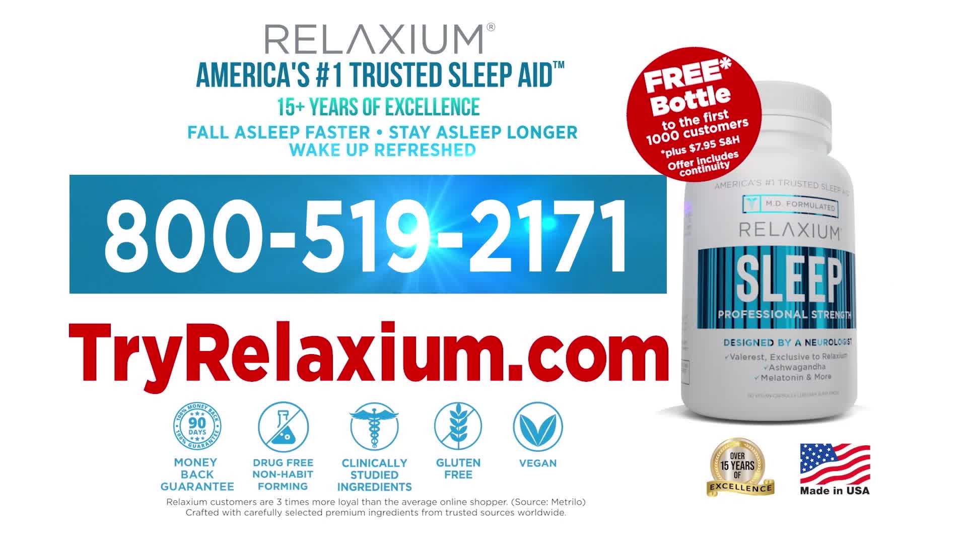 A large white bottle of "Relaxium Sleep" sits on a white surface. Text overlays the image with a phone number and website.