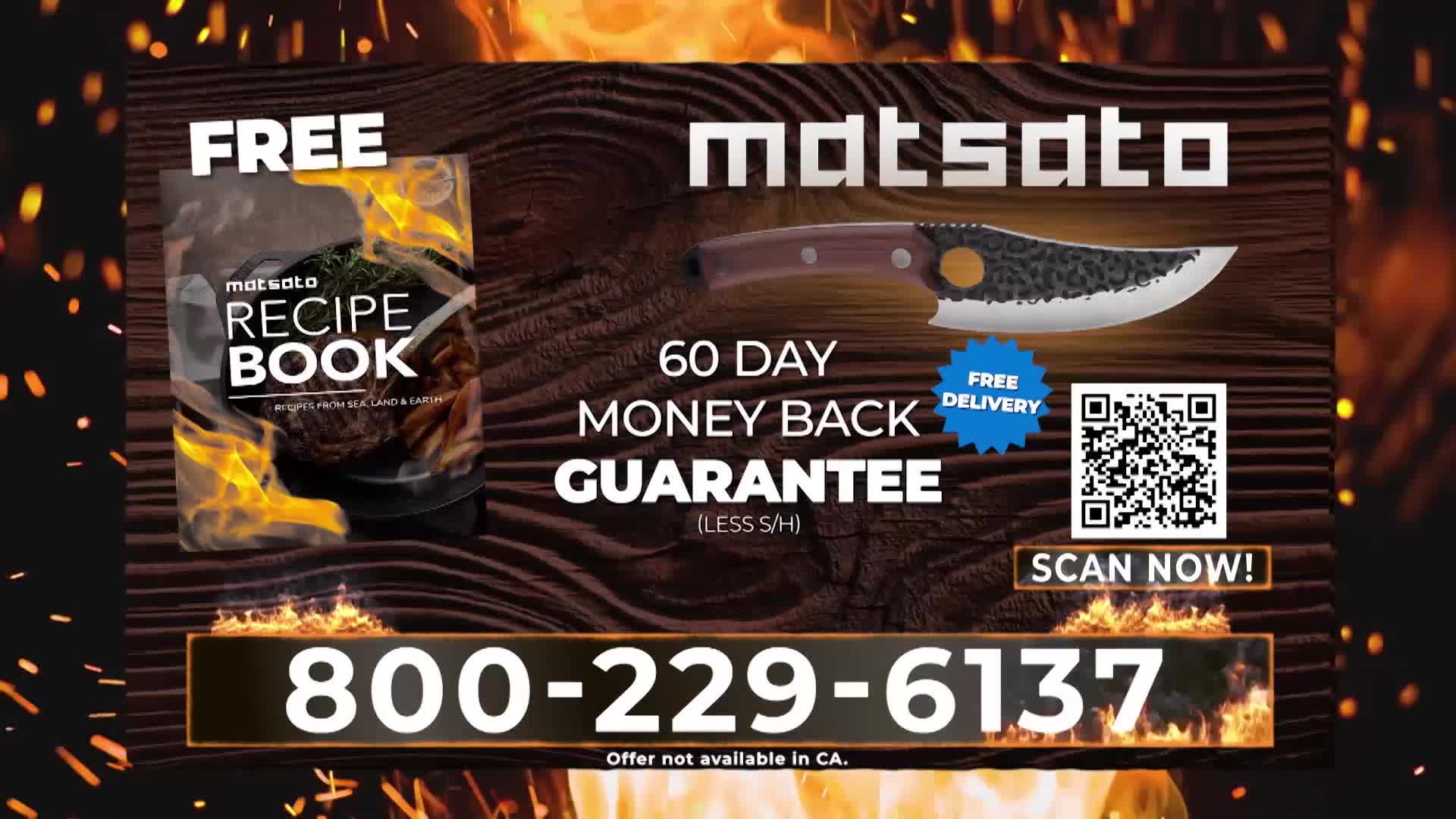 A free recipe book and a knife with a 60-day money-back guarantee are being advertised. A phone number and a QR code to scan are displayed on screen.