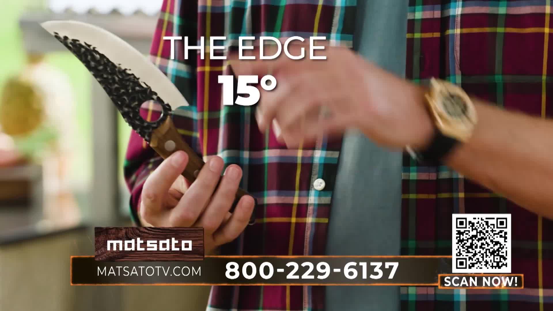 A man in a plaid shirt holds up a knife, its blade gleaming. Text overlays the scene, highlighting "THE EDGE 15°."