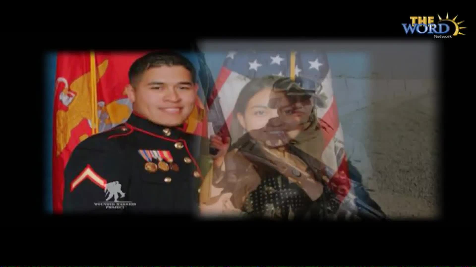 A Marine in dress blues smiles, his medals catching the light. Behind him, an American flag is superimposed with a soldier holding a rifle.