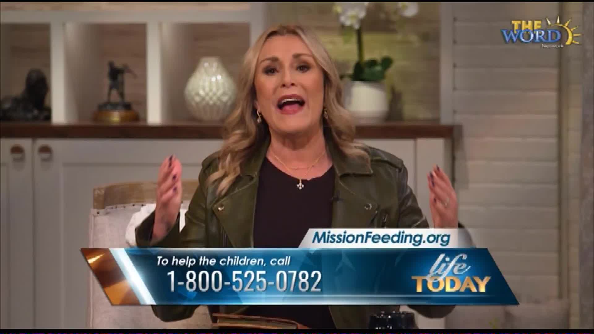 A woman speaks passionately, her hands gesturing as she addresses the camera. A graphic displays "MissionFeeding.org" and a phone number to help children, part of a broadcast on The Word Network.