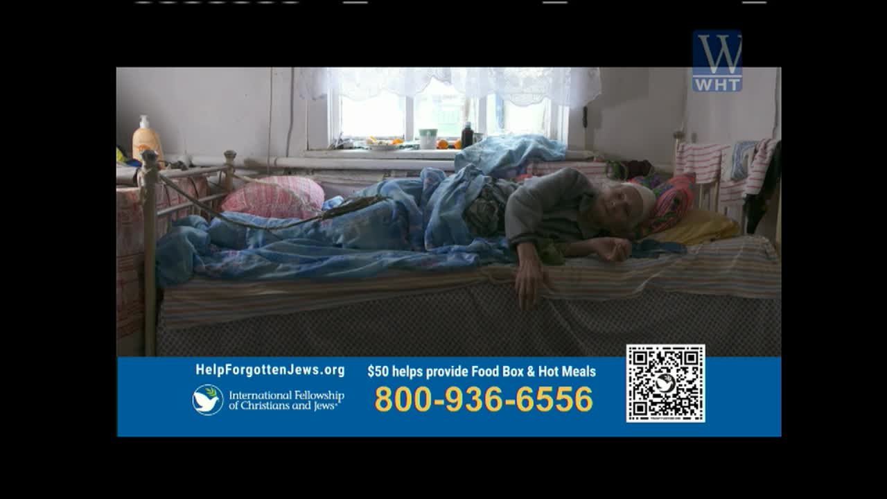 An elderly person lies in a rumpled bed, covered by a blue blanket. The World Harvest Television logo appears in the upper right corner, and a banner below the image promotes the International Fellowship of Christians and Jews. An elderly person lies in a rumpled bed, covered by a blue blanket. The World Harvest Television logo appears in the upper right corner, and a banner below the image promotes the International Fellowship of Christians and Jews.