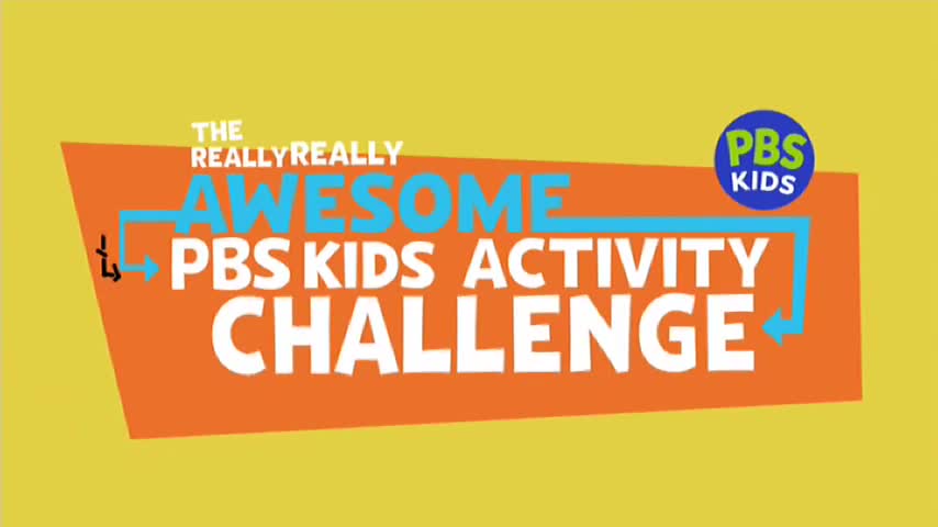 The words "The Really Really Awesome PBS Kids Activity Challenge" are splashed across the screen in bold, bright colors. A PBS Kids logo sits in the top right corner on a sunny yellow background.
