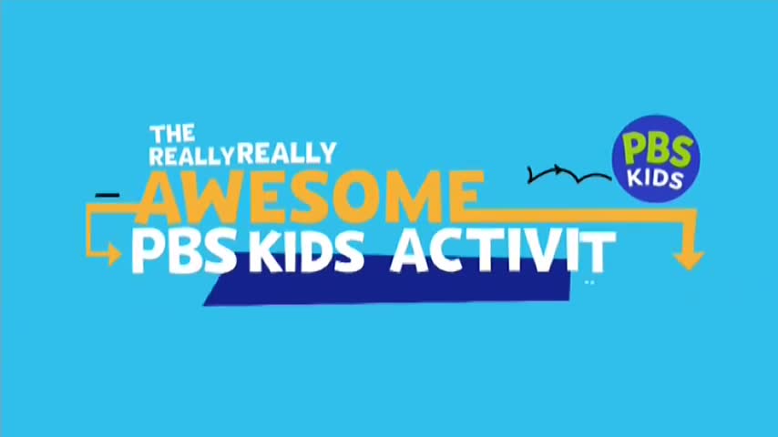 A title card for "The Really Really Awesome PBS Kids Activity" sits against a bright blue background. The words are in bold, bright colors, with arrows and a PBS Kids logo completing the design.
