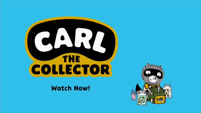 On a bright blue background, the logo for "Carl the Collector" from 10 Bold is displayed. Beside it, a cartoon raccoon sorts through a backpack filled with jars.

