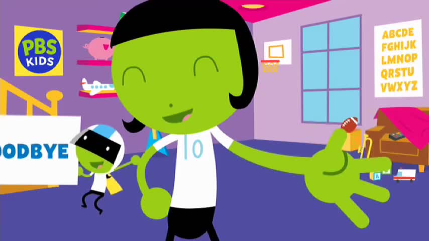 A green character in a white shirt holds a football, while a smaller character displays a "Goodbye" sign. The scene is set in a cartoonish room with a PBS Kids logo, possibly from an Australian 10 Bold broadcast.
