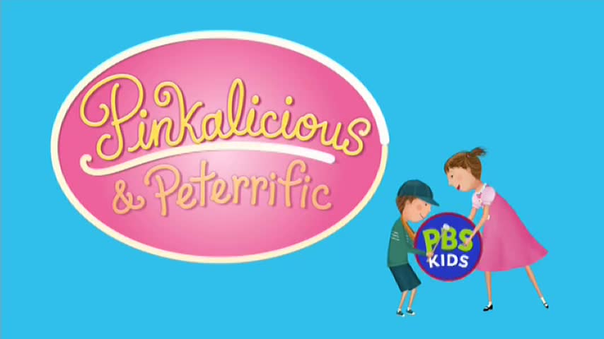 A pink oval with "Pinkalicious & Peterrific" floats above a blue background. Two cartoon children, one in a green shirt and the other in a pink dress, hold a PBS Kids logo.

