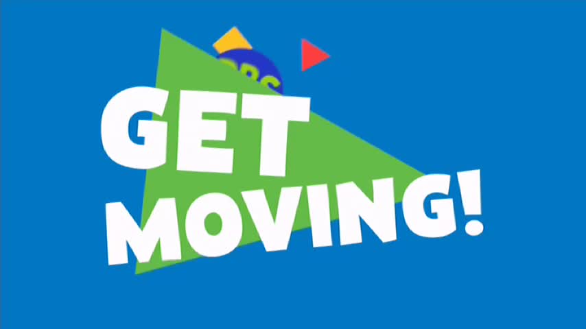 Against a bright blue backdrop, large white letters spell out "GET MOVING!" over a green triangle. Above the text, there are a few small, colorful shapes.
