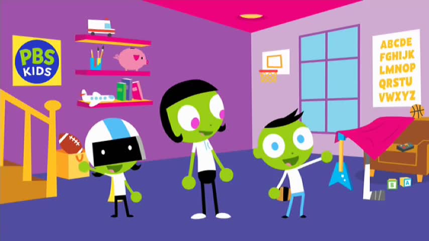 Three cartoon characters stand in a brightly colored room, one holding a football and another a guitar. A makeshift fort is built with a blanket draped over the guitar and a chair. 
