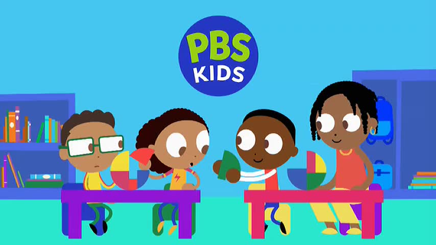 Four children sit at desks, each holding a colorful pie-shaped piece. They appear to be working on a puzzle, part of the PBS KIDS programming on 10 Bold in Australia.
