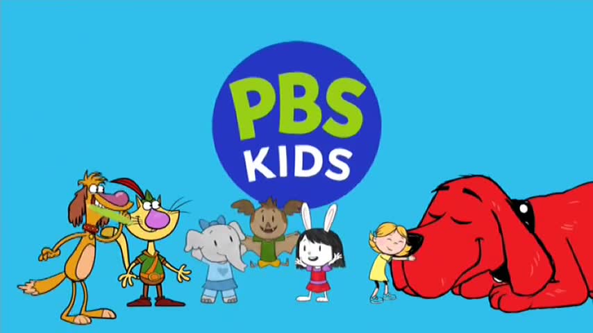 A friendly group of cartoon characters are gathered, with a large red dog being hugged by a little girl. The PBS Kids logo is centered above them, against a bright blue background, as you might see on 10 Bold in Australia.
