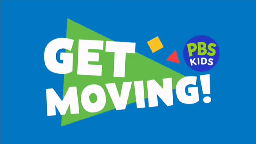 A vibrant blue backdrop holds the words "GET MOVING!" in bold white letters. The PBS KIDS logo sits in the upper right corner, surrounded by a few colorful geometric shapes.
