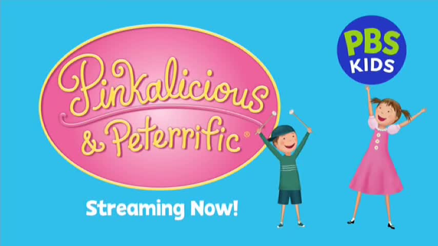A pink oval with "Pinkalicious & Peterriffic" in curly lettering sits against a bright blue background. Two animated children, arms raised, flank a PBS Kids logo, advertising streaming on 10 Bold in Australia.
