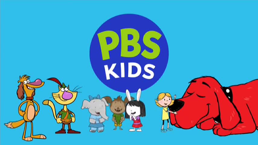 A giant red dog rests peacefully next to a little girl, while a group of cartoon animals stand nearby. The PBS KIDS logo sits above them all, against a bright blue background, as if it's a promotion for 10 Bold.
